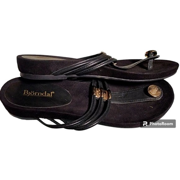 Bjorndal Black Leather Sandals Size 8 Gold Hardware - Picture 2 of 7